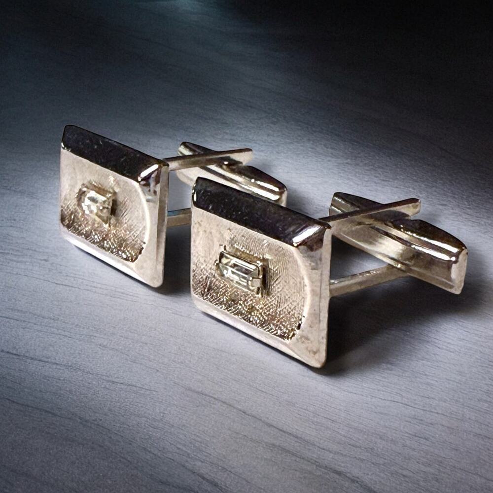 VTG Pioneer Cufflinks Mens Silver Tone Emerald Cut Glass Jewels Bullet Locking